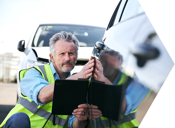 Ein Gutachter prüft ein Auto auf Unfallschäden und dokumentiert diese mit einem Tablet.