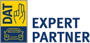 Logo von DAT Expert Partner mit stilisiertem Auto und Hand auf gelbem Hintergrund.